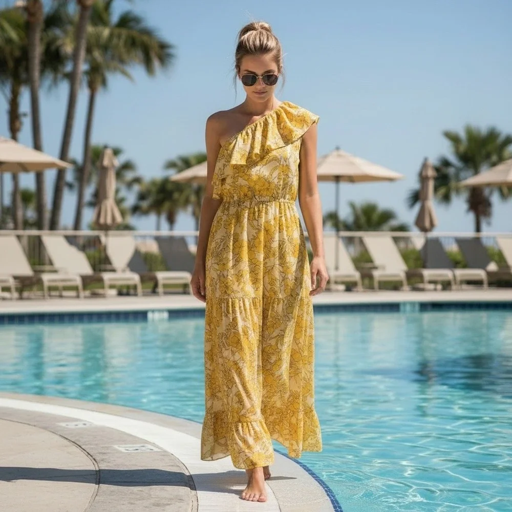 Cupshe‎ Yellow Floral One Shoulder Ruffle Swim Coverup Tropical Beach Size XXL